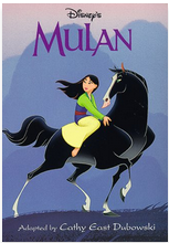 Cover art for an adaptation of Disney's Mulan, showing Mulan on horseback wearing green and blue