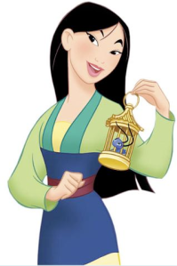 Classic picture of Disney's Mulan, wearing blue and green