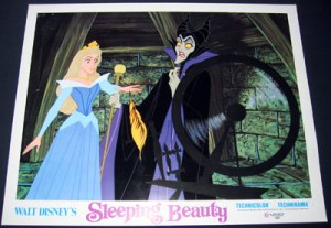 A 1970 postcard from Disney's Sleeping Beauty, showing Aurora and the witch.