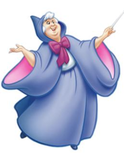 The Fairy Godmother from Cinderella, an old lady in a blue cloak with a pink bow and pink detail inside the sleeves.