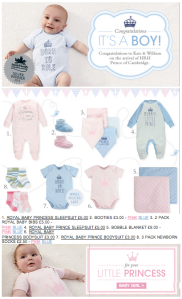 Screenshot of the marketing email from Matalan about their Royal Baby merchandise: a range of pink and blue baby clothes.